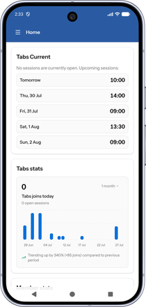 Bowls Admin Home on a phone, showing Tabs and member stats