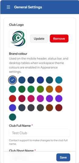 General Settings with club logo and brand colour picker in blue